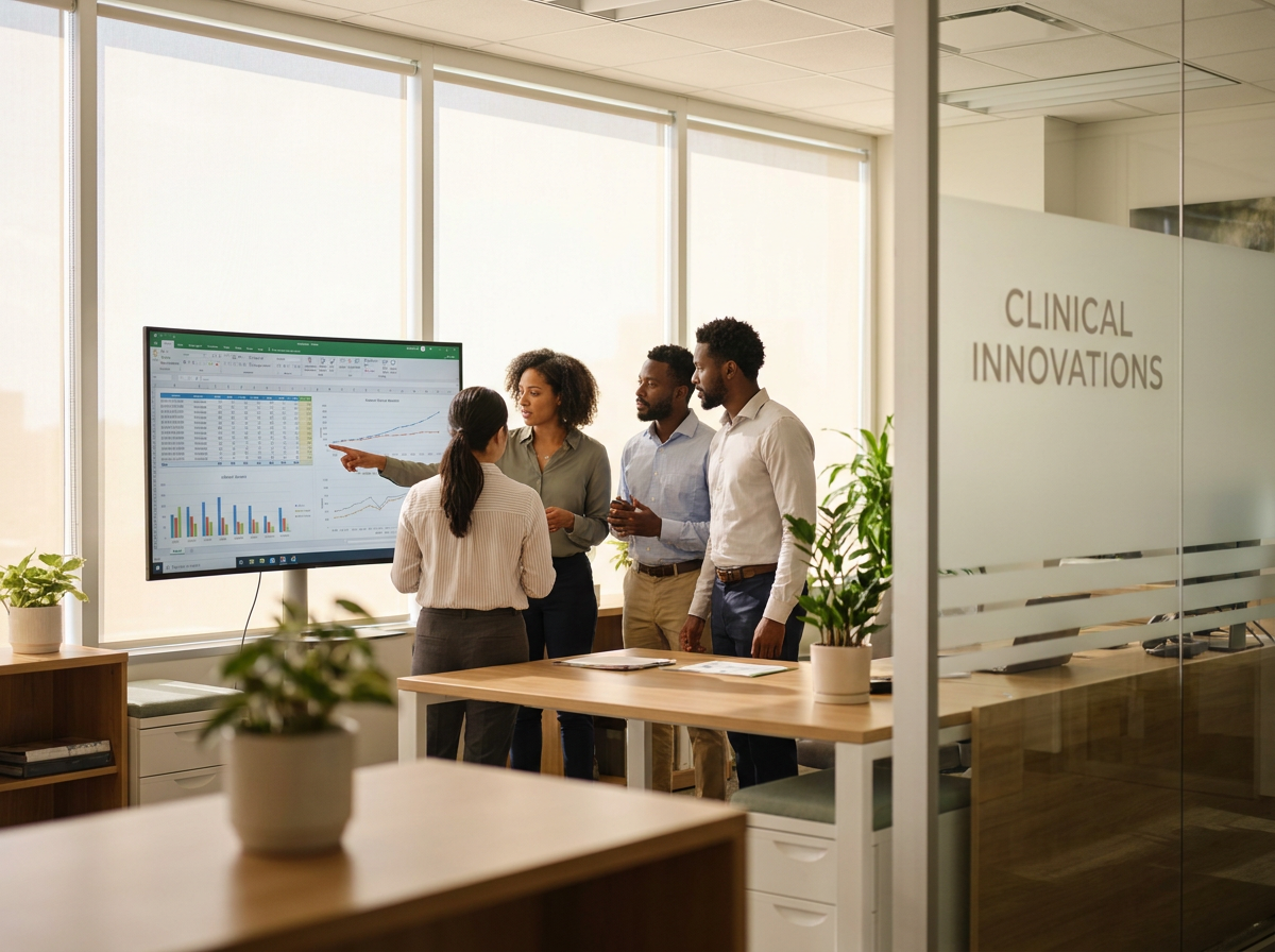 Diverse clinical research team collaborating in a modern coordinating center